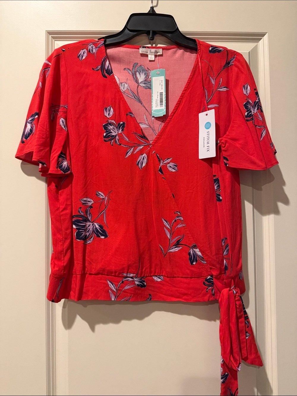 nine britton Red Floral Wrap Tie Blouse